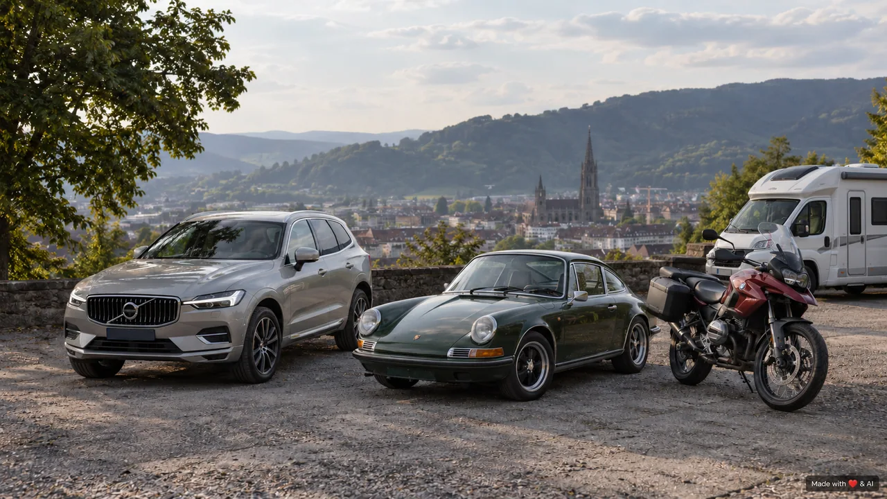 SUV, Oldtimer, Motorrad und Wohnmobil auf einem Vorplatz mit Freiburg im Hintergrund – KI-generierte Szene.